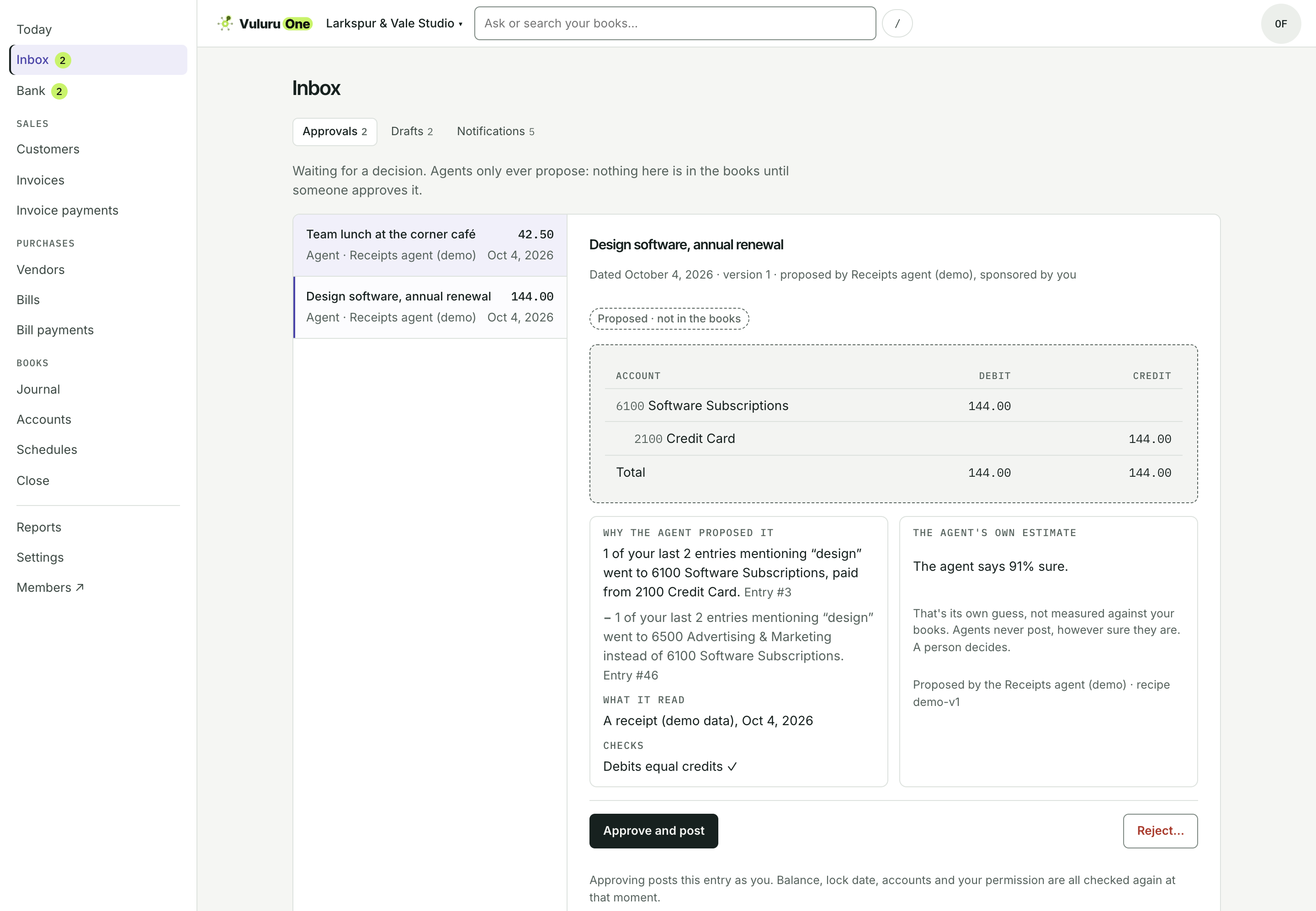 The Vuluru One Approvals inbox for a demo company. A proposed entry, “Design software, annual renewal”, is open. Its pencil-outlined lines debit 6100 Software Subscriptions 144.00 and credit 2100 Credit Card 144.00, marked “Proposed · not in the books”.